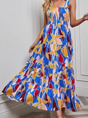 Sunday Blue Floral Tiered Maxi Dress with Smocked Bodice